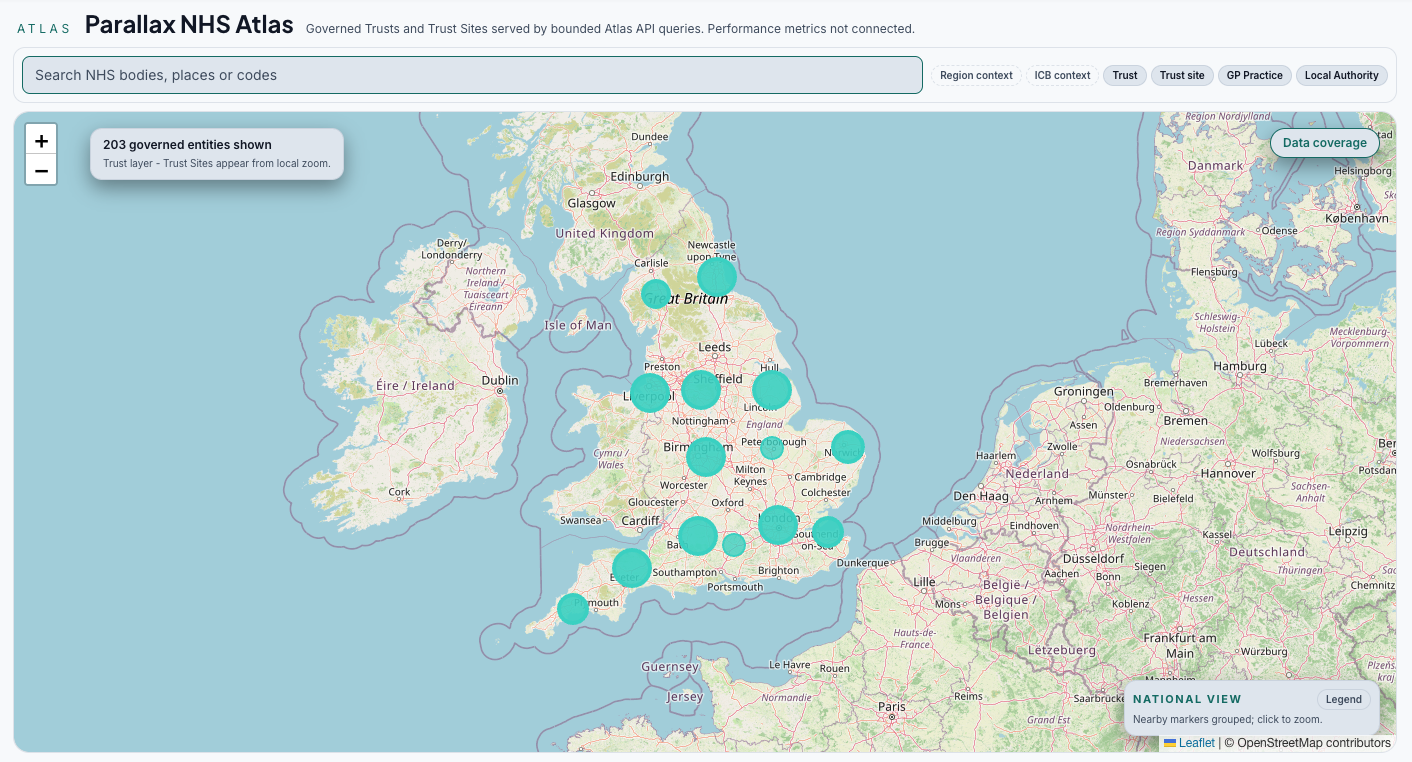 Parallax NHS Atlas — geographic view of NHS trust performance